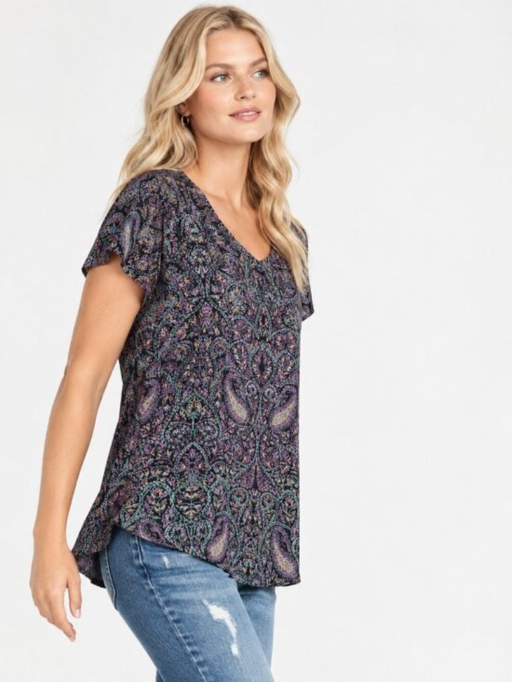 Lucky Brand Paisley Split Back Tee Black Purple 2X #A4520